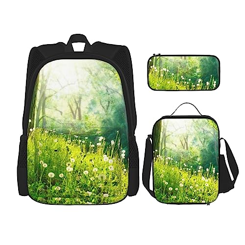 3-teiliges Waldland-Blumen-Rucksack-Set, verstellbare Schultertasche, Set mit Lunchbox, Federmäppchen, Wald Land Blume, Einheitsgröße, Daypack Rucksäcke von BONDIJ