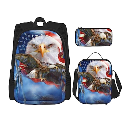 3-teiliges Waldland-Blumen-Rucksack-Set, verstellbare Schultertasche, Set mit Lunchbox, Federmäppchen, usa-flagge, Einheitsgröße, Daypack Rucksäcke von BONDIJ