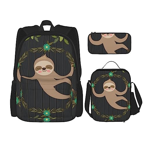 3-teiliges Weihnachtsball-Rucksack-Set, verstellbare Schultertasche, Set mit Lunchbox, Federmäppchen, Faultier, Einheitsgröße, Daypack Rucksäcke von BONDIJ