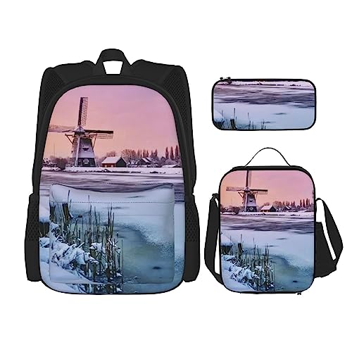 3-teiliges grünes Frosch-Rucksack-Set, verstellbare Schultertasche, Set mit Lunchbox, Federmäppchen, Landschaft, Einheitsgröße, Daypack Rucksäcke von BONDIJ