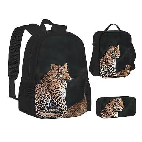 BONDIJ Alte Karte Welt Globus Rucksäcke für die Schule mit Brotdose Federmappe, wasserabweisende Tasche für Jungen Mädchen Lehrer Geschenke, Afrikanischer Leopard auf Fel, Einheitsgröße von BONDIJ