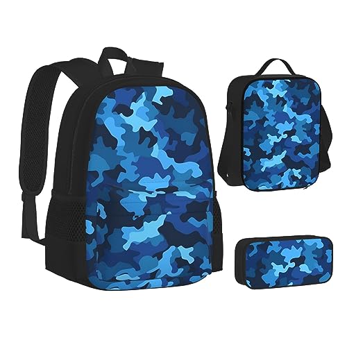 BONDIJ Blaue Camouflage-Rucksäcke für die Schule mit Lunchbox, Federmäppchen, wasserabweisende Tasche für Jungen und Mädchen, Lehrergeschenke, blau camouflage, Einheitsgröße von BONDIJ