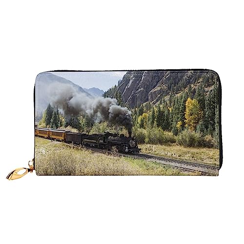 BONDIJ Damen-Geldbörsen – PU-Leder langer Reißverschluss Kartenetui – gelbes Sonnenblumenfeld mehrere Kartenfächer Clutch für Frauen, Dampflokomotive Zug, Einheitsgröße von BONDIJ