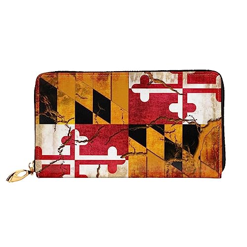 BONDIJ Damen-Geldbörsen – PU-Leder langer Reißverschluss Kartenetui – weiße Blumen hellblaues Holz mehrere Kartenfächer Clutch für Frauen, Maryland-Flagge aus Holz, Einheitsgröße von BONDIJ