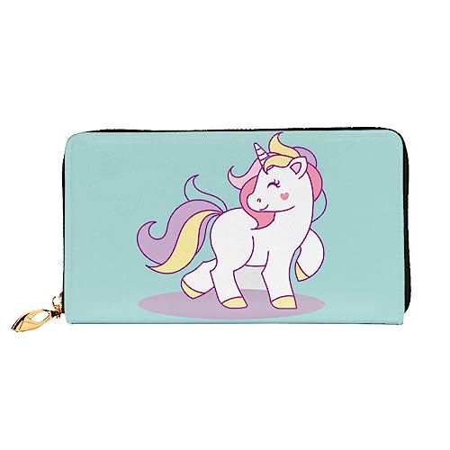 BONDIJ Damen-Geldbörsen – PU-Leder langer Reißverschluss Kartenetui – weiße Blumen hellblaues Holz mehrere Kartenfächer Clutch für Frauen, Niedliches weißes Einhorn, Einheitsgröße von BONDIJ