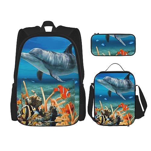 BONDIJ Dolphins Blue Backpacks for School with Lunch Box Pencil Case, Water Resistant Bookbag for Boys Girls Teacher Gifts von BONDIJ