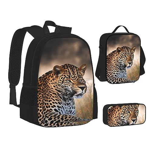 BONDIJ Rucksack mit afrikanischem Tier-Leoparden-Motiv, für die Schule, mit Lunchbox, Federmäppchen, wasserabweisende Tasche für Jungen, Mädchen, Lehrer, Geschenke, Afrikanischer Tier-Leopard, von BONDIJ
