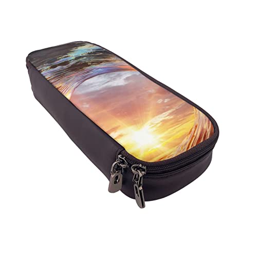 BONDIJ Russische Kunst Muster Gedruckt Leder Bleistift Beutel, Große Kapazität Stift Taschen Nette Bleistift Fall Kosmetik Organizer Tasche mit Reißverschluss, Ozean Welle Sonnenuntergang, von BONDIJ