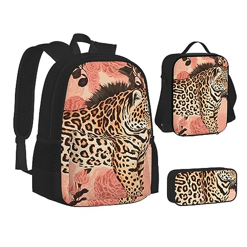 BONDIJ Terrazzo Marmor Pastell Rucksäcke für Schule mit Brotdose Federmappe, wasserabweisende Tasche für Jungen Mädchen Lehrer Geschenke, gestreiftes Leopard, Einheitsgröße von BONDIJ