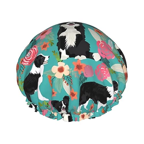 Border Collie Blumen bedruckte Duschhaube für Damen, wasserdichte Badekappen, wiederverwendbar, doppellagig, Duschhut, Bade-Duschkappen für Männer, Damen, Spa, Salon von BONDIJ