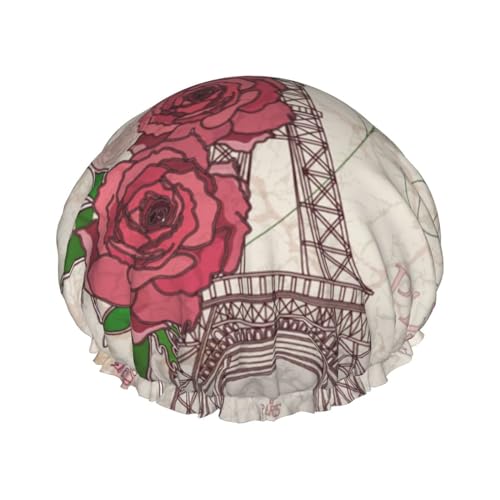 Eiffelturm Rose Blume bedruckte Duschhaube für Frauen wasserdichte Badekappen wiederverwendbar doppellagig Duschhut Baden Duschkappen für Männer Damen Spa Salon von BONDIJ