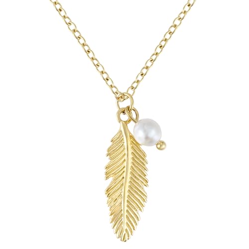 BONNYBIRD® Boho Kette Feder Anhänger Edelstahl Gold - Boho Schmuck Damen Halskette Gold Feder Perlen Anhänger Feder Edelstahl Kette Damen Gold von BONNYBIRD