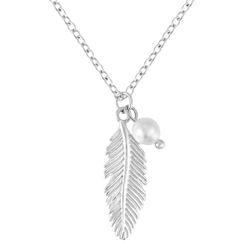 BONNYBIRD® Boho Kette Feder Anhänger Edelstahl Silber - Boho Schmuck Damen Kette Silber mit Anhänger Feder Perlen Anhänger Feder Edelstahl Kette Damen von BONNYBIRD