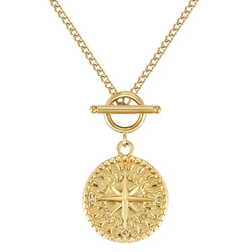 BONNYBIRD® Kompass Kette Damen Gold - Edelstahl Kette Kompass Anhänger Kette mit Knebelverschluss Goldkette Damen Anhänger Kompass Gold Coin Kette von BONNYBIRD