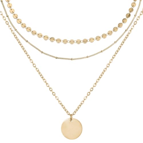 BONNYBIRD® Layering Ketten Set Gold - Boho Kette Damen Mehrreihige Kette Gold mit Anhänger Edelstahlkette Dreifach Kette Plattenkette Goldkette Damen von BONNYBIRD