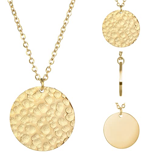 BONNYBIRD® Platten Kette Gold Damen - Halskette mit Platte Gold, Coin Kette mit Plättchen Anhänger Gehämmert, Runde Goldkette Damen Edelstahl von BONNYBIRD