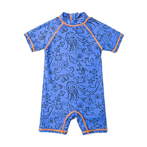 BONVERANO Baby Junge EIN stück Kurzärmel-Kleidung UV-Schutz 50+ Badeanzug MIT Einem Reißverschluss（Blau-Marine Zoo，6-9Monate） von BONVERANO