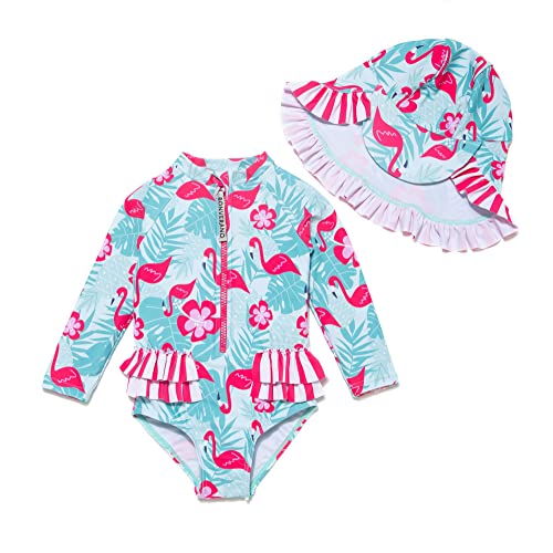 BONVERANO Baby Mädchen Badeanzug mit Badekappe UV-Schutz 50+ EIN stück Langärmelige-Badeanzug…(Rot-Flamingo,24-36Monate… von BONVERANO