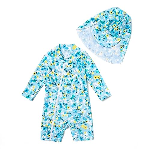 BONVERANO Baby Mädchen Recycelter Badeanzug mit einem durchgehendem Reißverschluss UV-Schutz 50+ (Violett-gelbe Blumen,3-6Monate) von BONVERANO