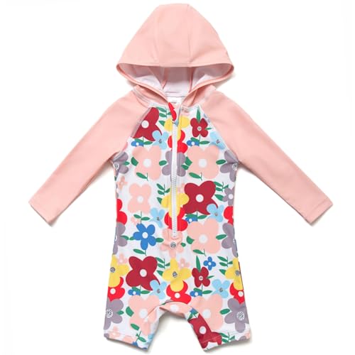 BONVERANO Badeanzug für Babys und Kleinkinder Mit Kapuze UV-Schutz 50+ Badebekleidung Mädchen/Jungen 0-4 Jahre(Rosa Blumen, 6-9Months) von BONVERANO