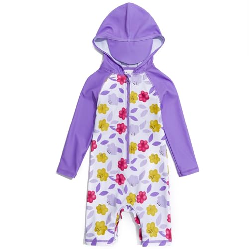 BONVERANO Badeanzug für Babys und Kleinkinder Mit Kapuze UV-Schutz 50+ Badebekleidung Mädchen/Jungen 0-4 Jahre(Violett Blumen, 12-18Months) von BONVERANO