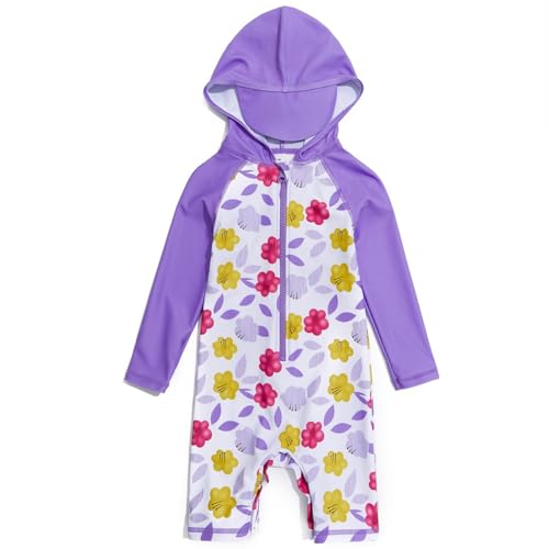 BONVERANO Badeanzug für Babys und Kleinkinder Mit Kapuze UV-Schutz 50+ Badebekleidung Mädchen/Jungen 0-4 Jahre(Violett Blumen, 18-24Months) von BONVERANO