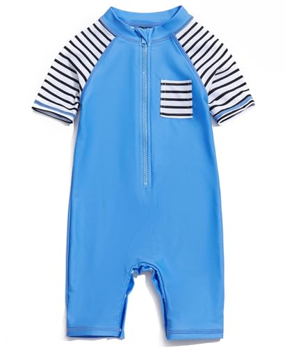 BONVERANO Kinder Bademode~Kleiner Junge Badeanzug EIN Stück Mit Badekappe UPF 50+ UV-Schutz 0-4 Jahre (24-36 Months, Blau) von BONVERANO