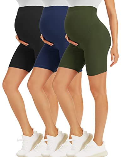 BONVIGOR Umstands-Shorts über dem Bauch, Biker, Workout, Yoga, aktiv, athletisch, Schwangerschaft, kurze Hose, Lounge-Pyjama, 3er-Pack, schwarz/marineblau/olivgrün, Mittel von BONVIGOR