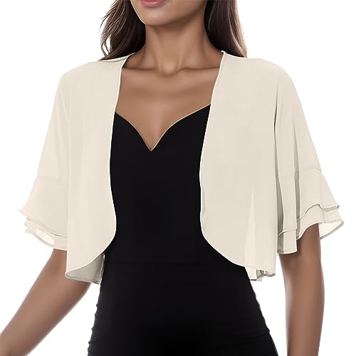 BOOMJIU Bolero Damen Festlich Chiffon Bolero Jäckchen Brautjacke Strickjacke Bolero Kurzarm Damen für Abendkleider Festlich Kurze 3/4 Ärmel elegant Schulterjacke Casual Shrug Top von BOOMJIU