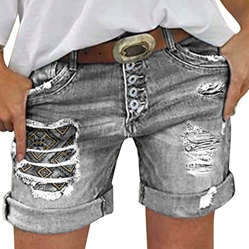 BOOMJIU Damen Casual Ripped Denim Shorts Mittlere Taille Cropped Jeanshose Jeans Shorts Damen Knielang Zerrissen Sommer Kurze Hose Denim Stretch Jeansshorts Kurze Sporthose Strandshorts von BOOMJIU