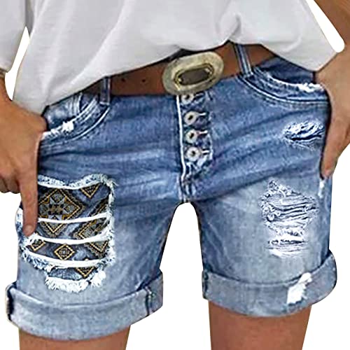 BOOMJIU Damen Casual Ripped Denim Shorts Mittlere Taille Cropped Jeanshose Jeans Shorts Damen Knielang Zerrissen Sommer Kurze Hose Denim Stretch Jeansshorts Kurze Sporthose Strandshorts von BOOMJIU