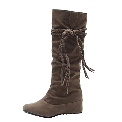 Hohe Stiefel für Damen Stiefeletten Ankle Boots Fransen Langschaft Winterschuhe Retro-Stil Quaste Reiterstiefel Schuhe Kniehohe Schuhe Runde Zehen Halblange Stiefel Winter und Herbst von BOOMJIU