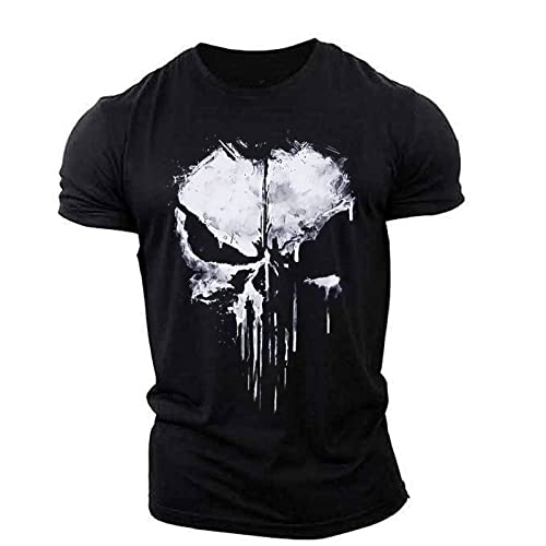 BOONEE Gym Shirt Herren Skull/Punisher, Rundhals Kurzen Ärmeln Fitness Tshirt, Atmungsaktives Laufshirt Sportshirt Trainingsshirt, Grafik Bekleidung als Workout Shirt-Black||XXL von BOONEE