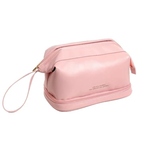 Kosmetiktasche Kosmetikbeutel Für Frauen Elegantes Pu Leder Make-Up-Beutel Reisen Toilettenartikel Organizer Hangbag Handgepäck Make-Up-Rosa Doppelschicht von BOQUN