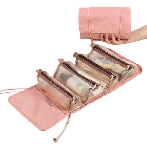 Kosmetiktasche Kosmetikbeutel Für Frauen Elegantes Pu Leder Make-Up-Beutel Reisen Toilettenartikel Organizer Hangbag Handgepäck Make-Up-Rosa Falten von BOQUN