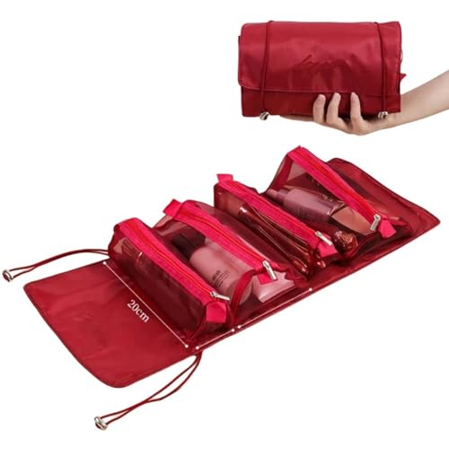 Kosmetiktasche Kosmetikbeutel Für Frauen Elegantes Pu Leder Make-Up-Beutel Reisen Toilettenartikel Organizer Hangbag Handgepäck Make-Up-Rote Falte von BOQUN