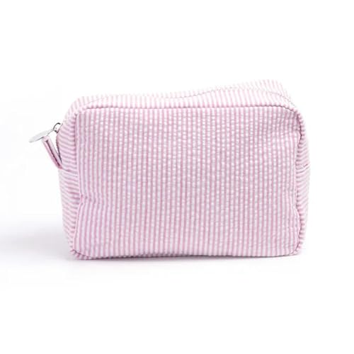 Makeup Tasche Seersucker Rüschen Kosmetikbeutel Pink Purple Striped Storage Make -Up -Taschen Für Frauen Lady Mit Reißverschluss Reisetasche-Rosa von BOQUN