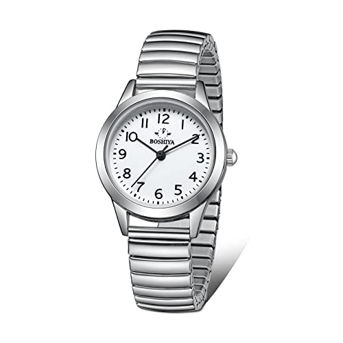 BOSHIYA Damen Uhren Edelstahl Analog Quarz Uhr mit Digital Zifferblatt und Elastisch Armband Wasserdicht Armbanduhr für Damen Silber von BOSHIYA