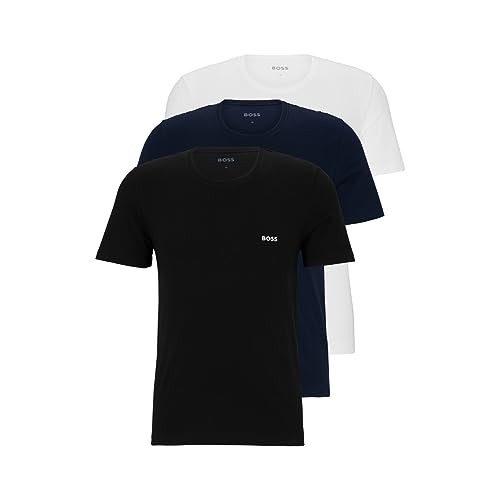 BOSS Herren 3er-Pack Rundhalsausschnitt aus Baumwoll-Jersey T-Shirt, Hellweiß, Blau Marineblau, Erde Schwarz, Klein von BOSS