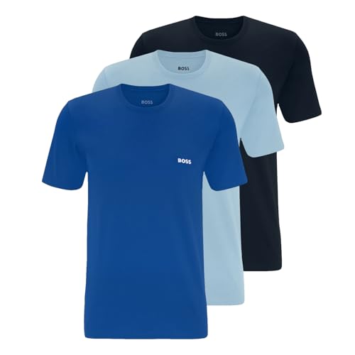 BOSS Herren Classic T-Shirts Kurzarm Shirts Pure Cotton Crew-Neck 3er Pack, Farbe:Blau, Artikel:-982 Blue/Light Blue/Navy, Größe:S von BOSS