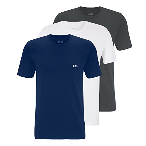 BOSS Herren Classic T-Shirts Kurzarm Shirts Pure Cotton Crew-Neck 3er Pack, Farbe:Mehrfarbig, Artikel:-970 Grey/White/Blue, Größe:M von BOSS