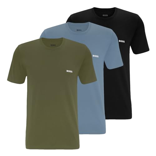 BOSS Herren Classic T-Shirts Kurzarm Shirts Pure Cotton Crew-Neck 3er Pack, Farbe:Mehrfarbig, Artikel:-990 Olive/Black/Blue, Größe:L von BOSS