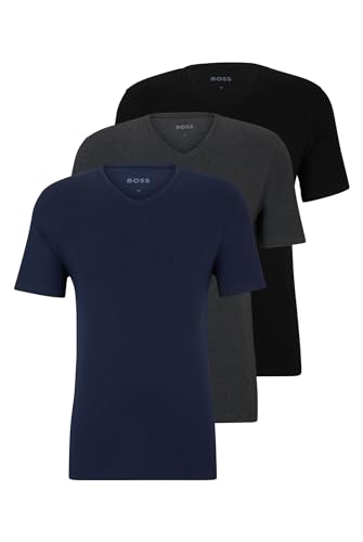 BOSS Herren Classic T-Shirts Kurzarm Shirts Pure Cotton V-Neck 3er Pack, Farbe:Mehrfarbig, Artikel:-497 Black/Anthracite/Navy, Größe:2XL von BOSS