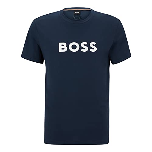 BOSS Herren T-Shirt RN Relaxed-Fit T-Shirt aus Bio-Baumwolle mit Kontrast-Logo Dunkelblau L von BOSS