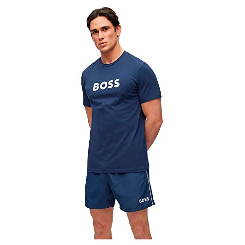 BOSS Herren T-Shirt RN Relaxed-Fit T-Shirt aus Bio-Baumwolle mit Kontrast-Logo Dunkelblau L von BOSS