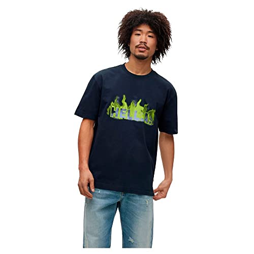 BOSS Herren TeeFire Oversized T-Shirt aus Baumwoll-Jersey mit Artwork der Saison Dunkelblau S von BOSS