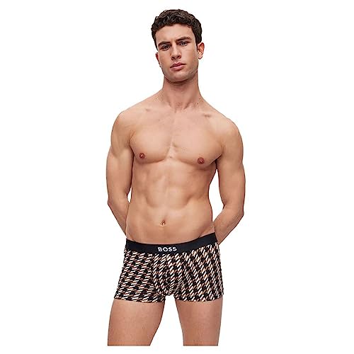 BOSS Herren Trunk Refined Eng anliegende Boxershorts mit kurzem Bein und Logo am mittelhohen Bund und Hahnentritt-Print Beige M von BOSS