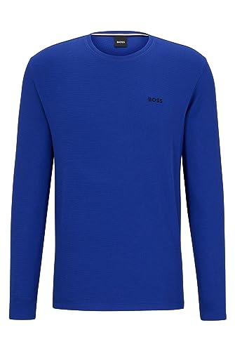 BOSS Herren Waffle LS-Shirt Pyjama-Shirt aus Baumwoll-Mix mit Logo-Stickerei Blau L von BOSS