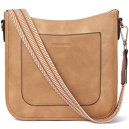 BOSTANTEN Damen Handtasche Kleine Umhängetasche aus PU Leder Schultertasche für Frauen Crossbody Bags mit verstellbarem Farbigem Riemen,Hellbraun von BOSTANTEN