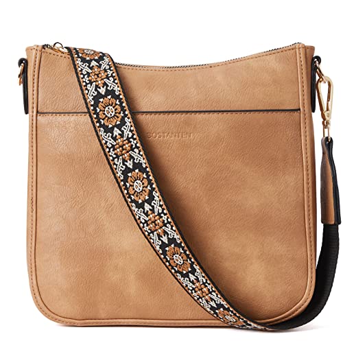 BOSTANTEN Damen Handtasche Kleine Umhängetasche aus PU Leder Schultertasche für Frauen Crossbody Bags mit verstellbarem Farbigem Riemen - Hellbraun von BOSTANTEN